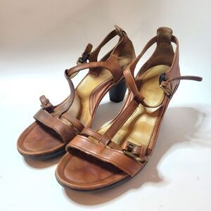 Ecco Brown Leather T-Strap Heeled Sandals